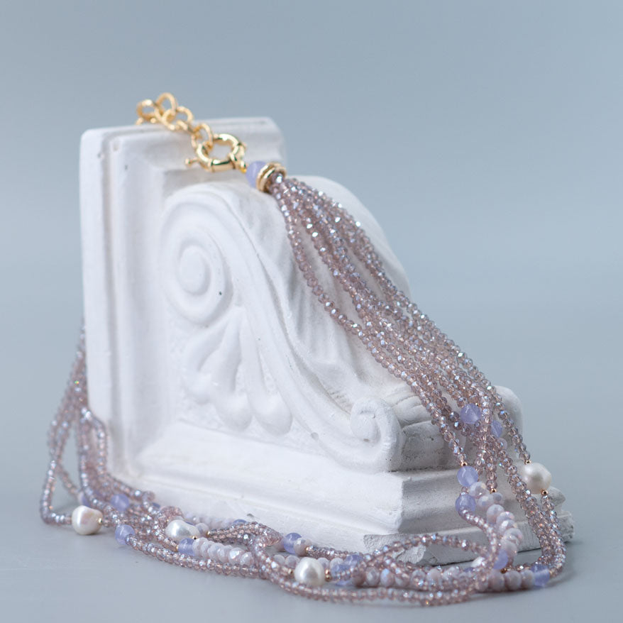 Collana Cristalli Rosè e Perle di fiume con Chiusura in Ottone